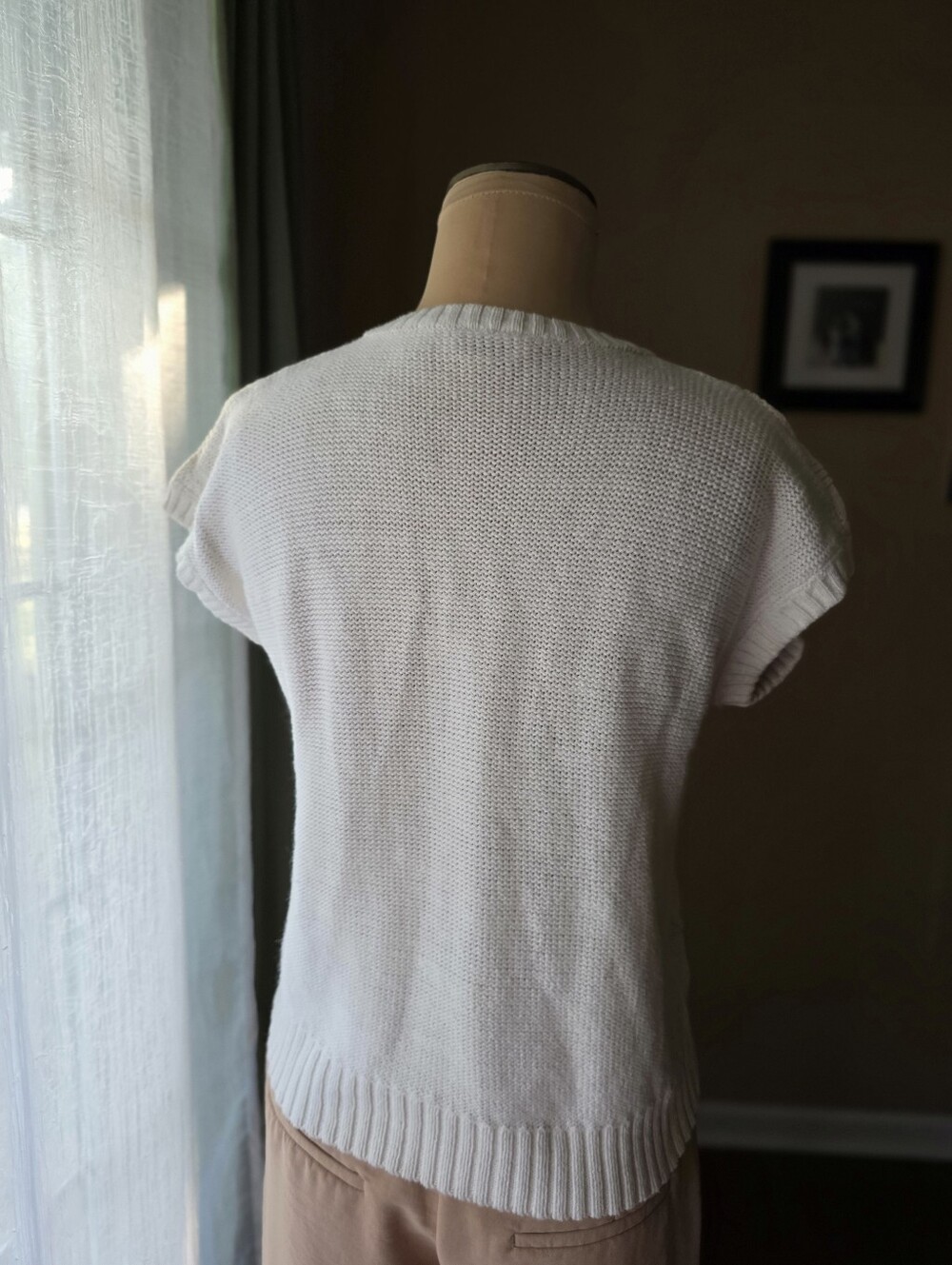 Knit Sweater Vintage Country Suburbans Ramie Cotton  Cream V-Neck Medium Old Mon - Picture 4 of 10